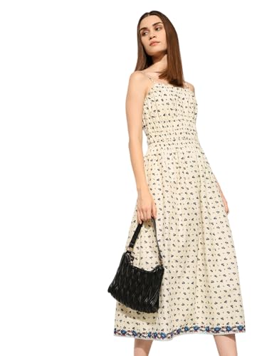 ONLY Women's Floral Print Fit and Flare Beige Dress