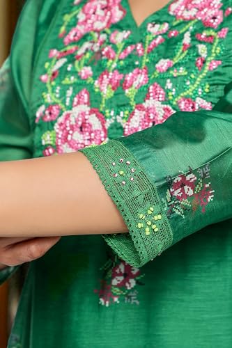 W for Woman Green Printed Chanderi Flared Kurta, Straight Pant and Dupatta Set (Size: M)-WS12961-125861