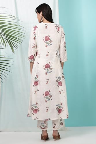 W for Woman White Floral Printed Textured Dobby A-line Kurta and Pants Co-ord Set (Size: 2XL)-WS12256-124240