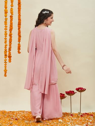 CURLY TALES ALPHA Girls Pink Sharara Set with Dupatta | Sleeveless Embellished Kurti with Gota Work | Ethnic Indian Dress for Kids | Traditional Festive Outfit for Wedding & Festivals