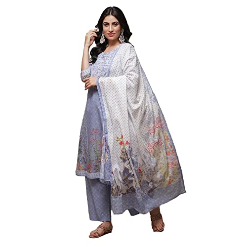 Biba Cotton Women Printed Straight Salwar Kurta Dupatta(Skdassorted8740_Powder Blue_34)