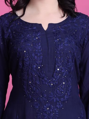 Fashion Chikan Art Women's Lucknowi Rayon Mukaish Chikankari Straight Kurti And Palazzo Set (IN, Alpha, 2XL, Regular, Navy Blue)
