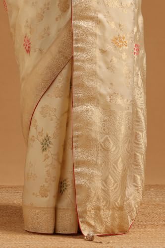 Soch Womens Cream Satin Botanical Zari Woven Saree