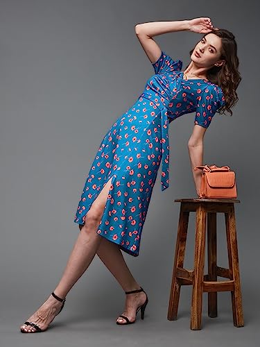 Miss Chase Women's V-Neck Pleated Puff Sleeve Floral Patterned Wrap with Pockets Midi Polyester Dress(MCSS23D98-53-163-06, Blue, XL)