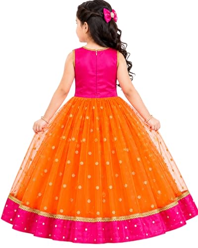 Baby Girls Designer Lehenga Choli Set Orange Rani Pink Readymade Pattu Pavadai Style Traditional Ethnic Dress for Baby Girls Kids Festive Wedding 3-6 Months