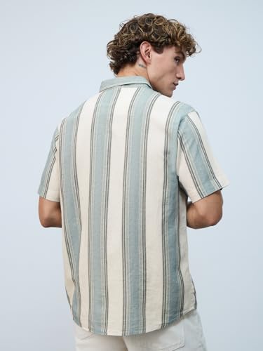 The Souled Store Stripes Shirt: Jade Haze Men and Boys Short Sleeves Collared Neck Cotton Linen Blend Regular Fit Casual Cotton Linen Shirts