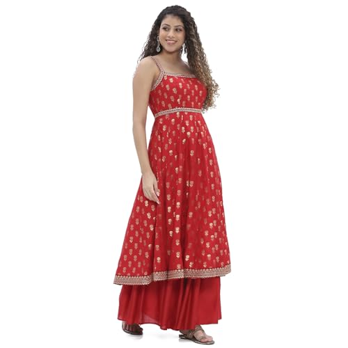 Biba Women Red Yarn-Dyed Strappy Anarkali Suit Set_36