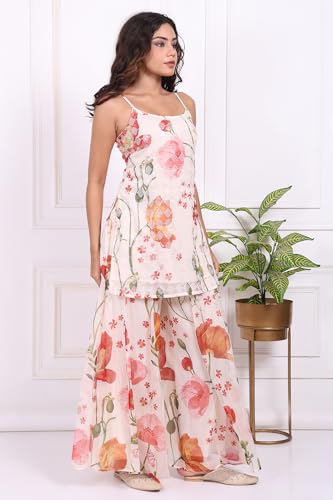 W for Woman White Floral Printed Crepe A-Line Kurta with Culotte and Dupatta Set - (WS13913-127594-M)