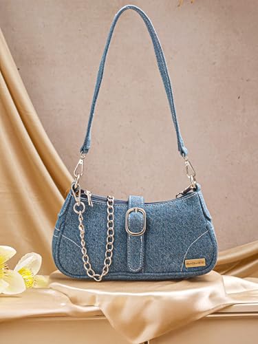 BAGUZZI Denim Sling Bag for Women, Chain Strap, Blue