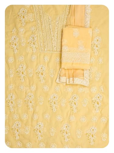 Ada Hand Embroidered Lucknowi Chikankari Unstitched Chanderi Dress Material Suit Piece with Dupatta for Women with Cutdana Work 01A871540 Yellow