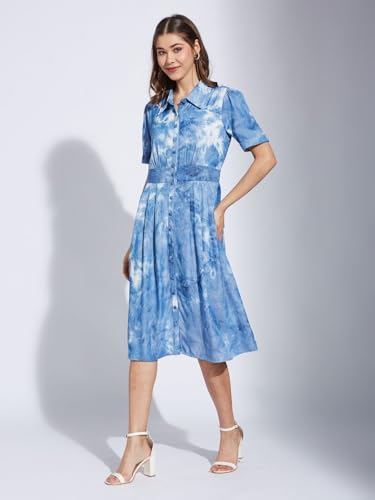 Latin Quarters Women Blue Collar Neck Half Sleeve Printed Shirt Dress_M