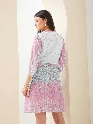 Latin Quarters Women Pink Mandarin Collar 3/4 Sleeves Fit & Flare Printed Casual Dress_XL