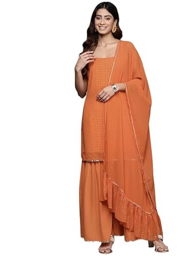 Women Embroidered Regular Sequinned Kurta With Sharara & Dupatta