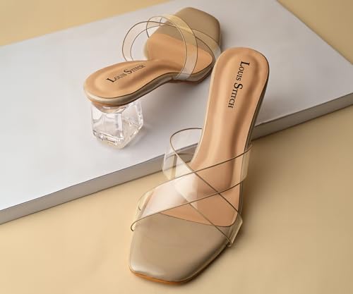 LOUIS STITCH Women’s Fashion Beige Slip-On Block Heel Sandals | Transparent Cross Strap Stylish Heel Sandal for Ladies, Fashionable Sandal | LSOF-LDBH-SLCSBG | (UK-4)