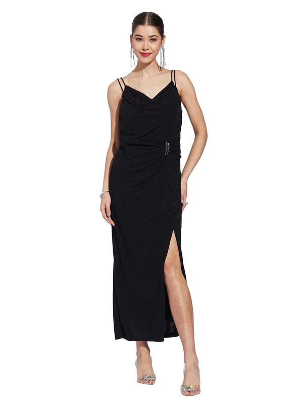 Latin Quarters Women Black V-Neck Sleeveless Solid A-Line Dress_S