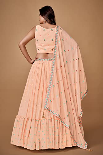 FUSIONIC Thread With Pearl Peach Ruffle Lehenga