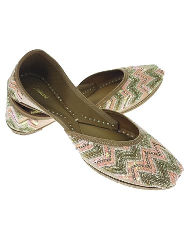 Fulkari Women's Zigzag Peach Gold Soft Leather Embroidered Jutis | Bite and Pinch Free Jutti | Punjabi Formal Juttis | Girl's Wedding Flat Mojari | Formal Ethnic Juti | 36