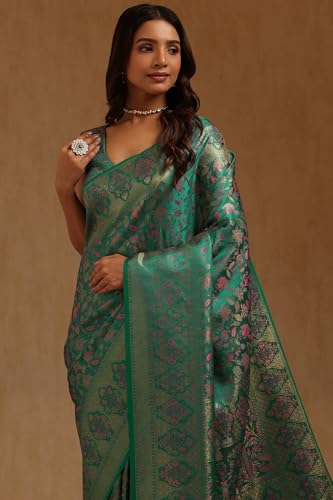 Soch Womens Teal GreenTussar Floral Woven Design Saree