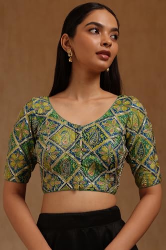 Soch Womens Green Satin Ethnic Motif Padded Blouse with Sequins