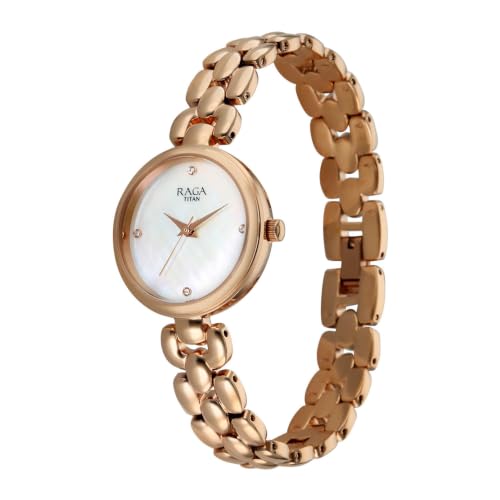Titan Raga Showstopper 5.0 Quartz 3 Hands Round White MOP Dial, Rose Gold Strap Watch for Women - 95461WM01