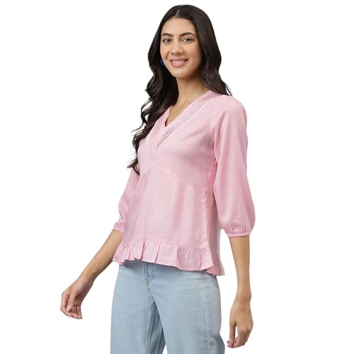 Latin Quarters Women Pink V-Neck Three-Quarter Sleeves Solid for Casual Wear_XXL