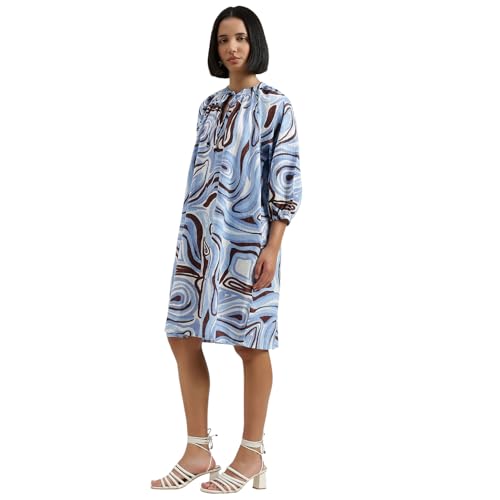 United Colors of Benetton Regular Fit Mandarin Collar Printed Dress (Size : L) - 26P4WVNDR329I902 Blue