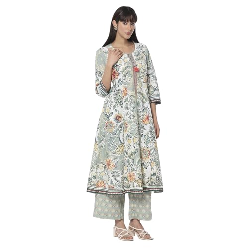 Biba Women Sage Green Pure Cotton Floral Kalidar Suit Set_46