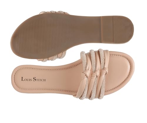 LOUIS STITCH Women's Fashion Flat Slip On Sandals | Open Toe Nude Stylish Flat Sandal for Ladies, Comfortable All day Wear Slipper | LSOF-LDSL-GLTSNU | (UK-6)