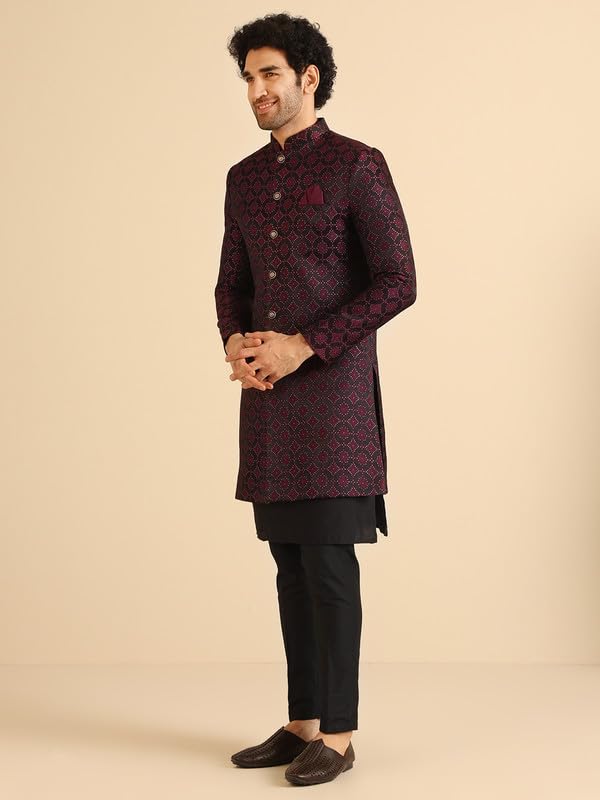 KISAH Sherwani Set for Men – Silk Blend Woven Jacquard Indo Western Sherwani with Kurta and Trouser | Designer Ethnic Outfit for Weddings & Festivals, Burgundy, 42