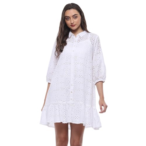 BIBA Women Cotton Straight Embroidred Dress Knee-Length Casual CASUALDRESSES2507SS24WHT_White