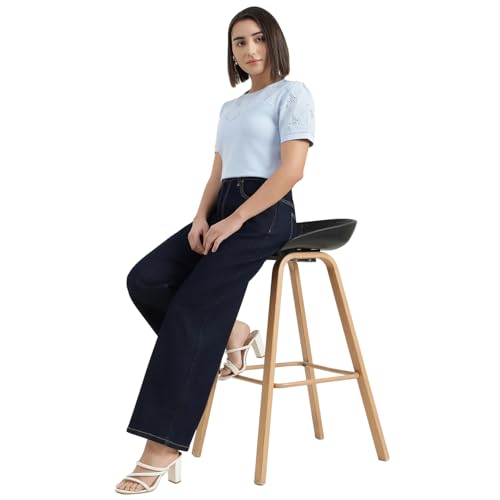 United Colors of Benetton Round Neck Schiffli Embroidery T-Shirt (Size : S) - 26P3KNTWVYK4I51B Blue