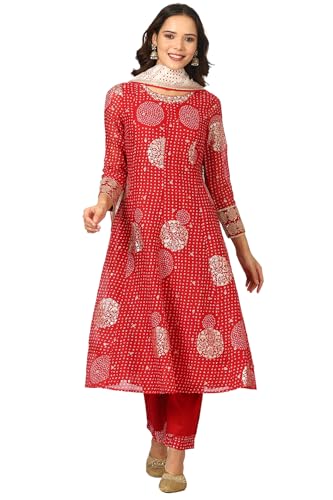 W for Woman Red Bandhej Dot Printed Flared Kurta with Embroidery, Straight Pants and Dupatta Set (Size: XL)-24AUWS11729-124798