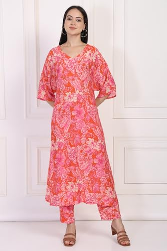 W for Woman Orange Floral Printed Kaftan Modal Kurta with Pant (WS13911-127597-L)