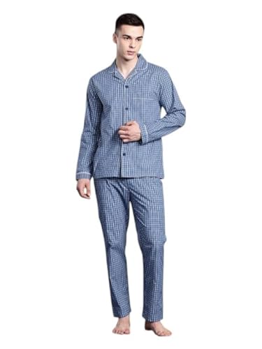 Hancock Men Checked Pure Cotton Night Suit Blue-S