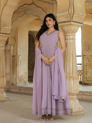 FUSIONIC Graceful Lavender Georgette Embroidered Gown with Flowing Dupatta for Festive Glamour
