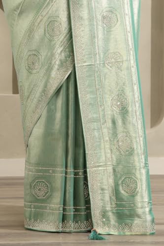 Soch Womens Teal Tissue Ethnic Motifs Woven Design Saree With Stone Work