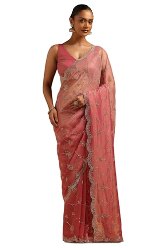 Soch Womens Onion Pink Fendy Organza Embellished Saree With Stone Work