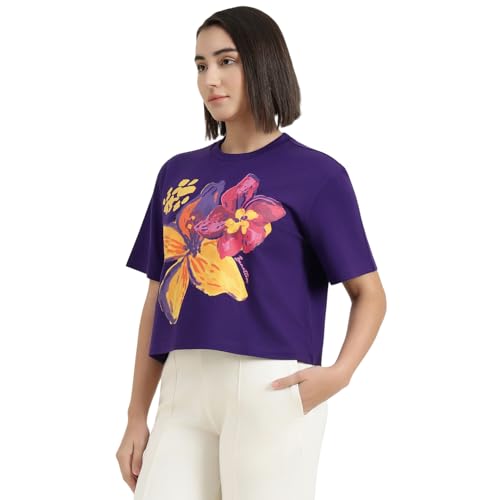 United Colors of Benetton Round Neck Floral T-Shirt (Size : XL) - 26P3099W3F11IV19 Purple