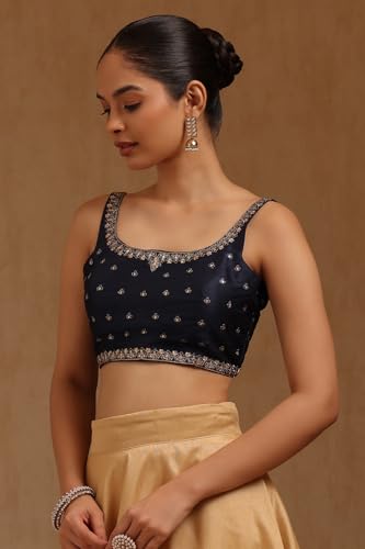 Soch Womens Navy Blue Tussar Embroidered Padded Blouse with Zari