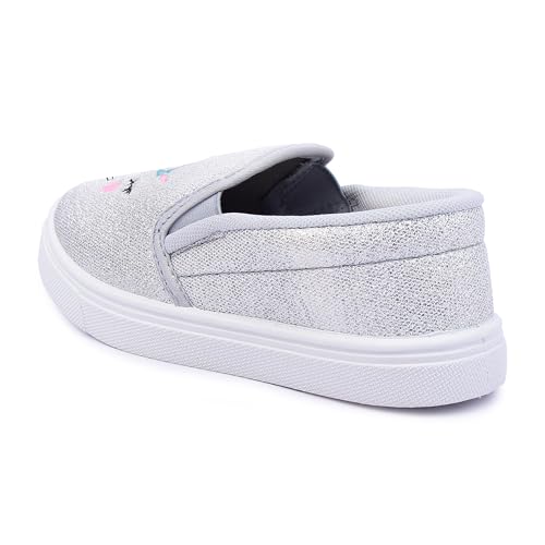Myau Girls' Glitter Embroidery Design Slip-On Shoes, Casual Sneakers for 3-8 Years (Silver, UK Footwear Size System, Little Kid, Women, Numeric, Medium, 12)