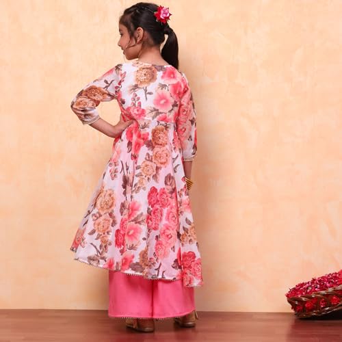Biba Girls White Flared Poly Modal Printed Kurta suit set