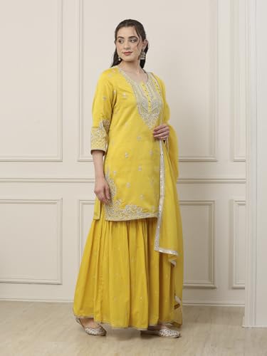 BIBA Women Yellow Silk Chanderi Straight Suit Set_34