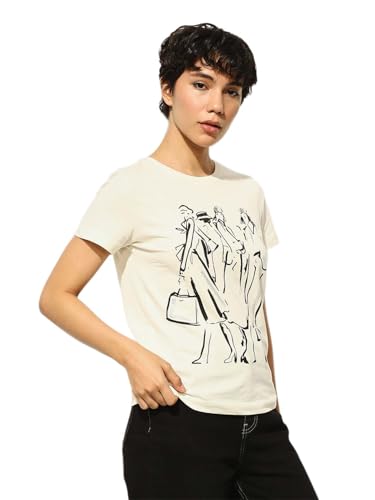 ONLY Women's Regular Fit Off White T-Shirt