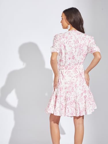 Latin Quarters Women Pink Floral Printed Mini A-Line Dress | V-Neck | Half Sleeves | Button Closure