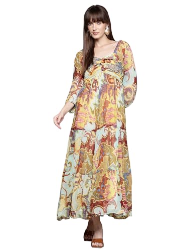 Label RITU KUMAR Ecru Multi Francis Sweetheart Neck Long Dress