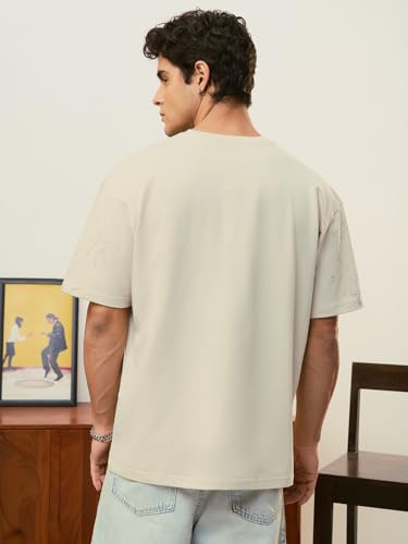 The Souled Store Oversized T-Shirt: Cool Teddy Men and Boys Short Sleeves Round Neck Off-White Graphic Printed Casual Lightweight Drop Shoulder Streetwear Trendy Oversized T-Shirts