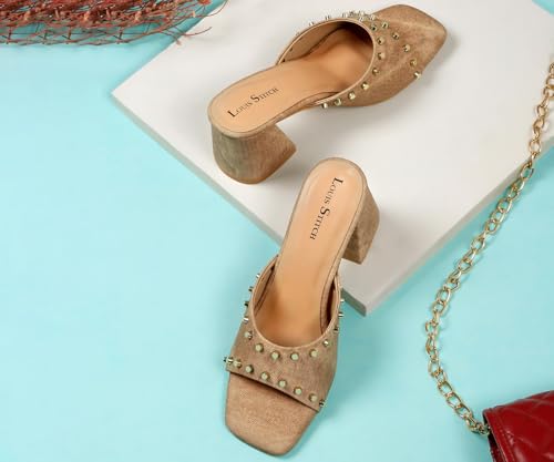 LOUIS STITCH Women’s Fashion Slip-On Block Heel Sandals | Open Toe Beige Stylish Mules Heel Sandal for Ladies, Fashionable and Comfortable Sandal (LSOF-LDBH-MUBD) (UK-6)