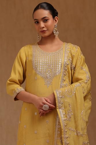 Soch Womens Mustard Tissue Embroidered Suit Set With Zari