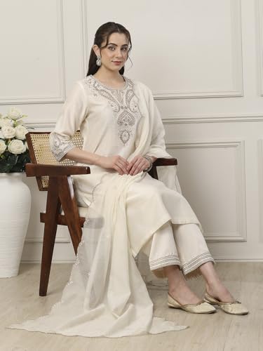Biba Women White Silk Chanderi Straight Suit Set_34