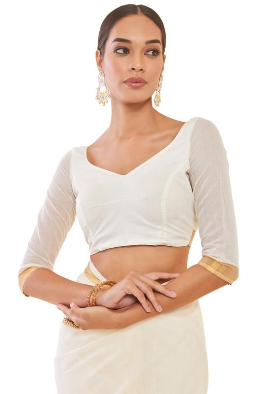 Soch Women Off White Cotton Kasavu Saree With Zari Woven Borders And Motifs, Off-White